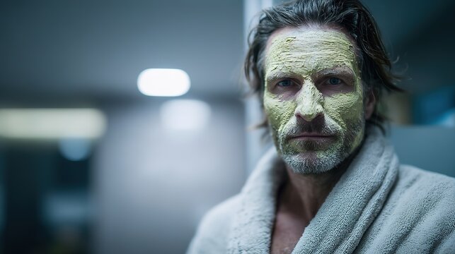 Man in Bathrobe with Green Facial Mask