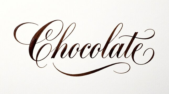 Elegant calligraphic handwriting of the word chocolate in brown cursive script on a white background