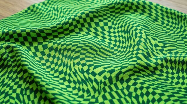 Vivid Green and Black Checkered Fabric with Wavy Texture
