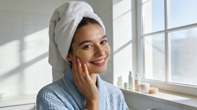 Young Woman Applying Golden Eye Patches During Morning Skincare Routine