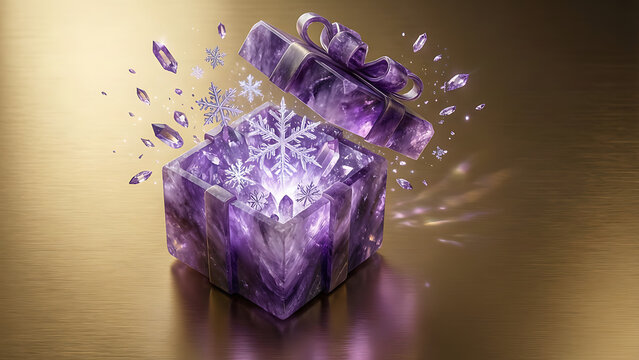 Cadeau emball&eacute; en papier violet avec paillettes et ruban scintillant sur fond transparent
