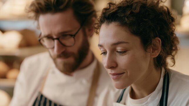 Man and a woman in a kitchen. the man is on the left side of the image, wearing a white chef's apron and glasses. he has a beard and is looking down at the woman with a serious expression on his face.