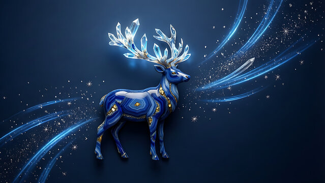 Cerf stylis&eacute;  lapis lazuli aux bois lumineux sur fond transparent bleu nuit &eacute;toil&eacute;