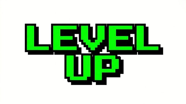 A vibrant pixel art graphic displaying the phrase 'Level Up' with a retro gaming style