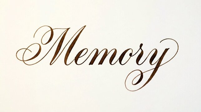 Elegant cursive lettering spelling the word 'Memory' in calligraphic style on a plain background