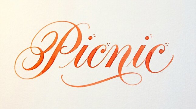 Elegant and stylish calligraphy of the word Picnic in vibrant orange hues