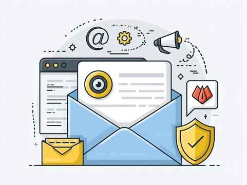 Email communication and security concepts with various digital elements in a flat design style