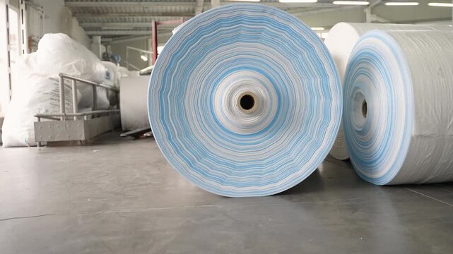 Spinning polypropylene fabric roll in a manufacturing plant