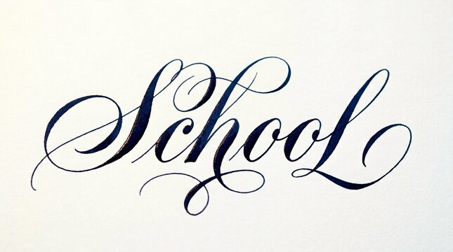 A beautifully written calligraphic design of the word 'School' in elegant cursive script
