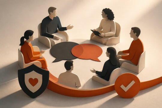 Diverse people in a group discussion circle with speech bubbles and trust icons in a modern 3D illustration