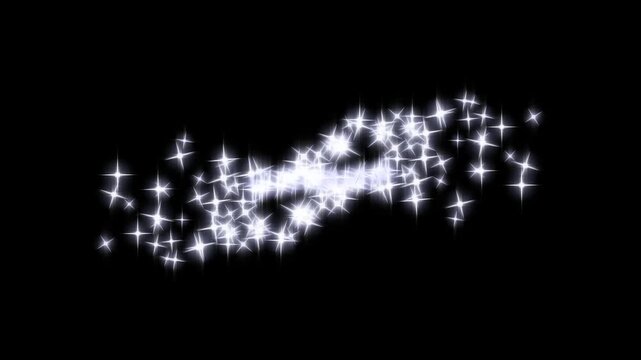 Sparkling star blast glitter animation, white twinkling dust trail, glowing particle background overlay for festive videos, Slow Motion, Cinematic, Close Up, Drone, black Screen Background. 4k video