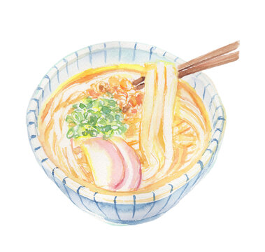 Watercolor illustration of kake udon noodles on a transparent background