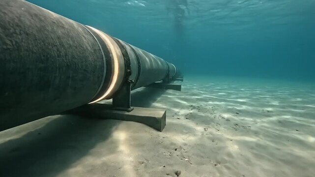 Industrial underwater pipeline rests on the sandy sea floor beneath clear blue ocean water with shimmering sunlight.