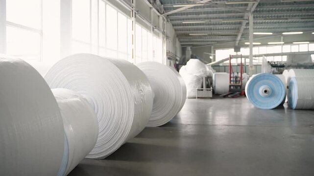 White polypropylene fabric rolls in an industrial production warehouse
