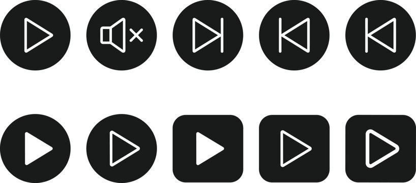 Multimedia Media Player Icon Set with Play Mute Next and Previous Buttons in Circular and Square Flat Vector Designs for Mobile Apps and Web Interfaces