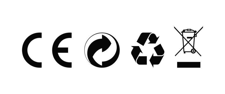 CE Mark, Recycling Symbol, Green Dot Symbol and WEEE Symbol (Wheelie Bin) Symbol vector SVG