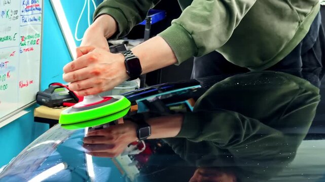 Person polishing car hood with electric buffer in workshop, close-up action shot