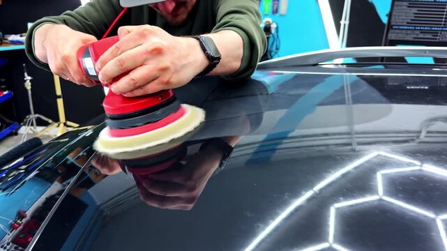 Detailer polishing car roof with power buffer inside auto workshop, close-up view