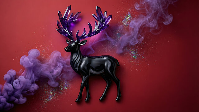 Cerf stylis&eacute; noir aux bois violets sur fond rouge avec effets de fum&eacute;e color&eacute;e isol&eacute;