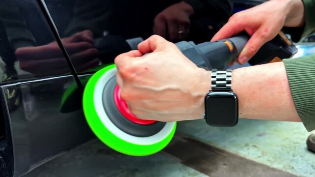 Car polishing near wheel area with electric buffer in vehicle detailing process