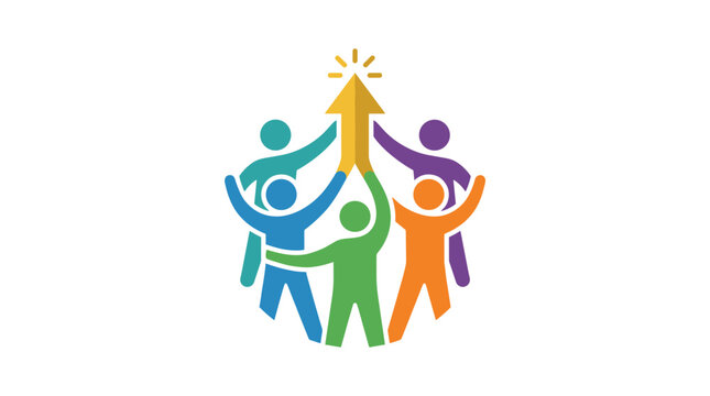 Ascending Together: A vibrant graphic symbolizes unity and growth as individuals join forces to elevate an upward arrow, conveying teamwork and shared progress.