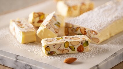 Obraz premium Almond and pistachio nougat pieces with powdered sugar, a sweet dessert confection on white marble