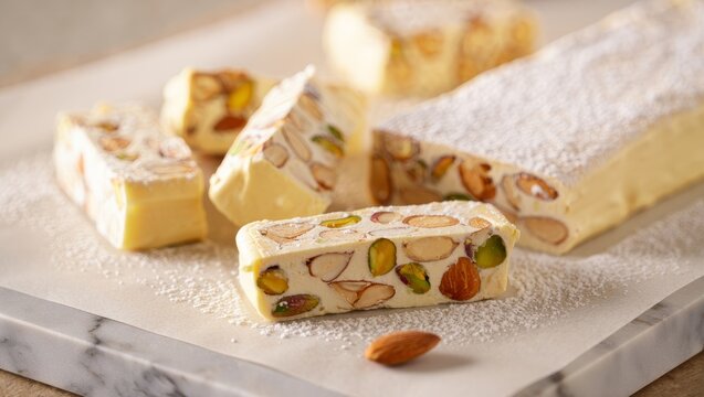 Almond and pistachio nougat pieces with powdered sugar, a sweet dessert confection on white marble