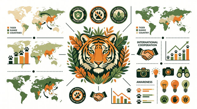Flat Vector Tiger Face Infographic Poster Template with Jungle Leaves