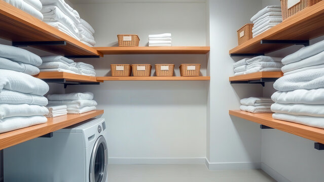 Modern laundry room with neat wooden shelves and folded textiles. Labeled drawers create a sense of order. A space without people, ideal for organizing everyday life.