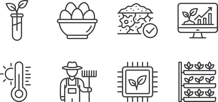 Smart Farming and Agritech Icon Set Featuring Hydroponics Soil Analysis Greenhouse Monitoring and Digital Agriculture Symbols in Minimalist Black Line Art