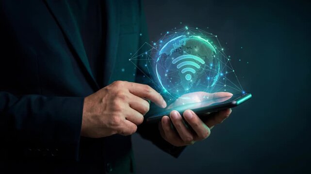 A person interacts with a smartphone that shows a digital representation of wireless signals and connectivity. The setting highlights a focus on technology and communication