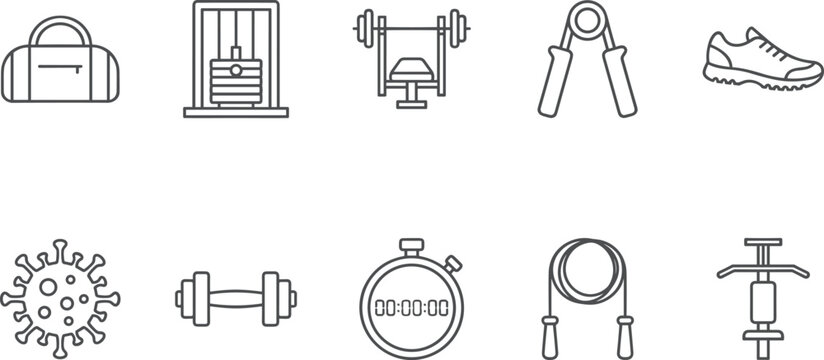 Fitness and Gym Workout Equipment Icon Set Featuring Dumbbells Bench Press Stopwatch Jump Rope and Sneaker for Sports Healthy Lifestyle and