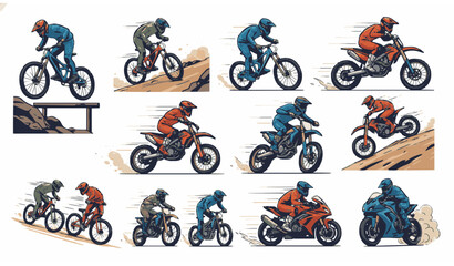 Extreme rider vector bundle with mountain bike dirt bike and motorcycle stunt illustrations © Mst.Razia