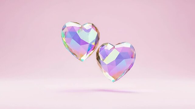 Two iridescent crystal hearts with colorful facets symbolizing love and romance on Valentines Day. Romantic transparent gem shapes on pink background.