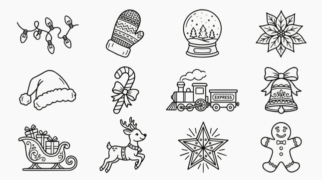 Christmas Icon Set in Black Line Art Style with Reindeer Sleigh and Winter Elements