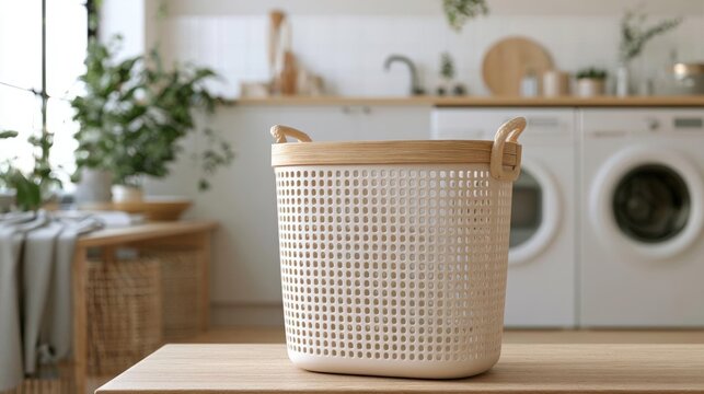 White laundry basket with a wooden handle on a wooden table in a modern kitchen. the basket is made of woven material and has a perforated design.