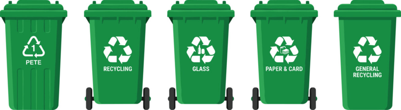 Green Waste Sorting and Recycling Bin Set with PETE Glass Paper and General Recycling Symbols in Flat Vector Illustration for Environmental Sustainability and Ecology