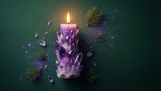 Bougie am&eacute;thyste violette en flat lay, allum&eacute;e entour&eacute;e de branches de sapin et de flocons sur fond transparent