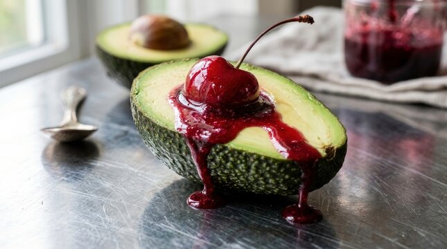 Fresh avocado half with chocolate sauce and cherry on top