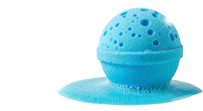 A blue sponge ball with a textured surface resting on a transparent background