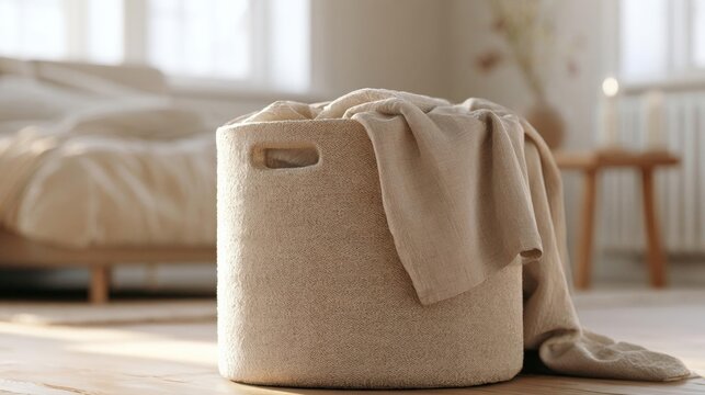 Beige-colored storage basket with a handle on top. the basket is placed on a wooden floor in a bedroom with a bed in the background.