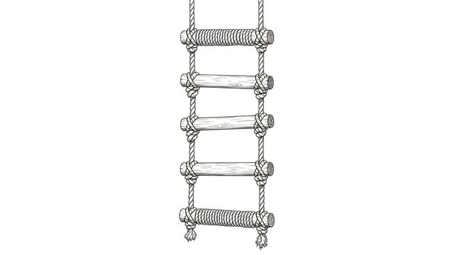 A rope ladder with wooden rungs and knots on each side on transparent background