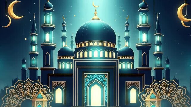 Grand mosque with minarets and illuminated lanterns. Ramadan night scene for Islamic holiday greeting card and eid celebration.