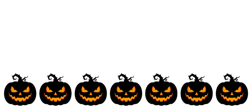 Row of Spooky Halloween Jack-o'-Lanterns with Glowing Faces Against a