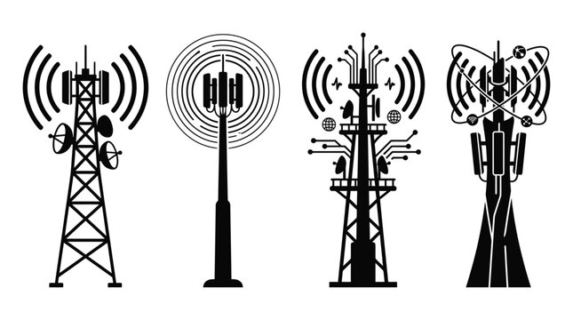 Cell tower silhouettes with antenna arrays on white background