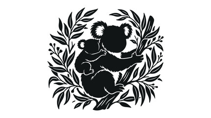Koala family silhouette with eucalyptus leaves black and white © Sakilcreative 