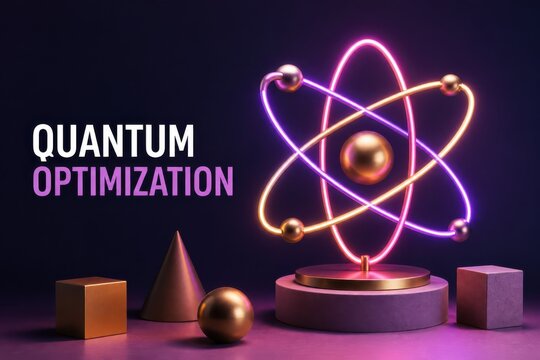 Quantum optimization concept with neon atom and geometric shapes in a 3D render
