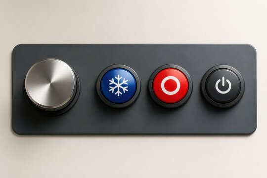 Industrial control button panel with metallic rotary dial and illuminated push buttons