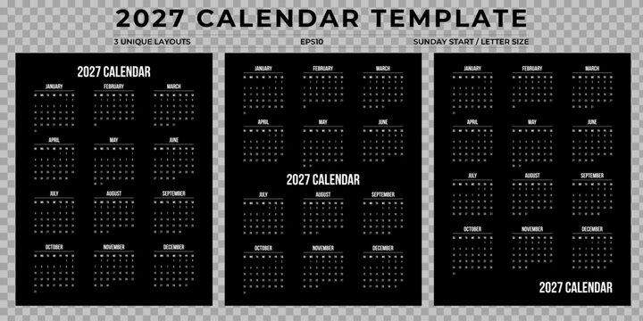 2027 Black Minimalist Vertical Calendar Templates Set of 3 Planner Designs Sunday Start