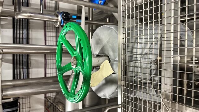 Large green industrial flywheel rotating as part of mechanical system in factory setting